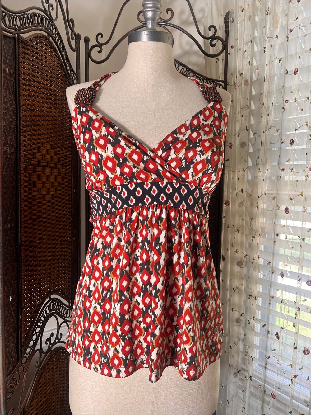 Apt. 9 Red, Black & Cream Ikat Halter Top